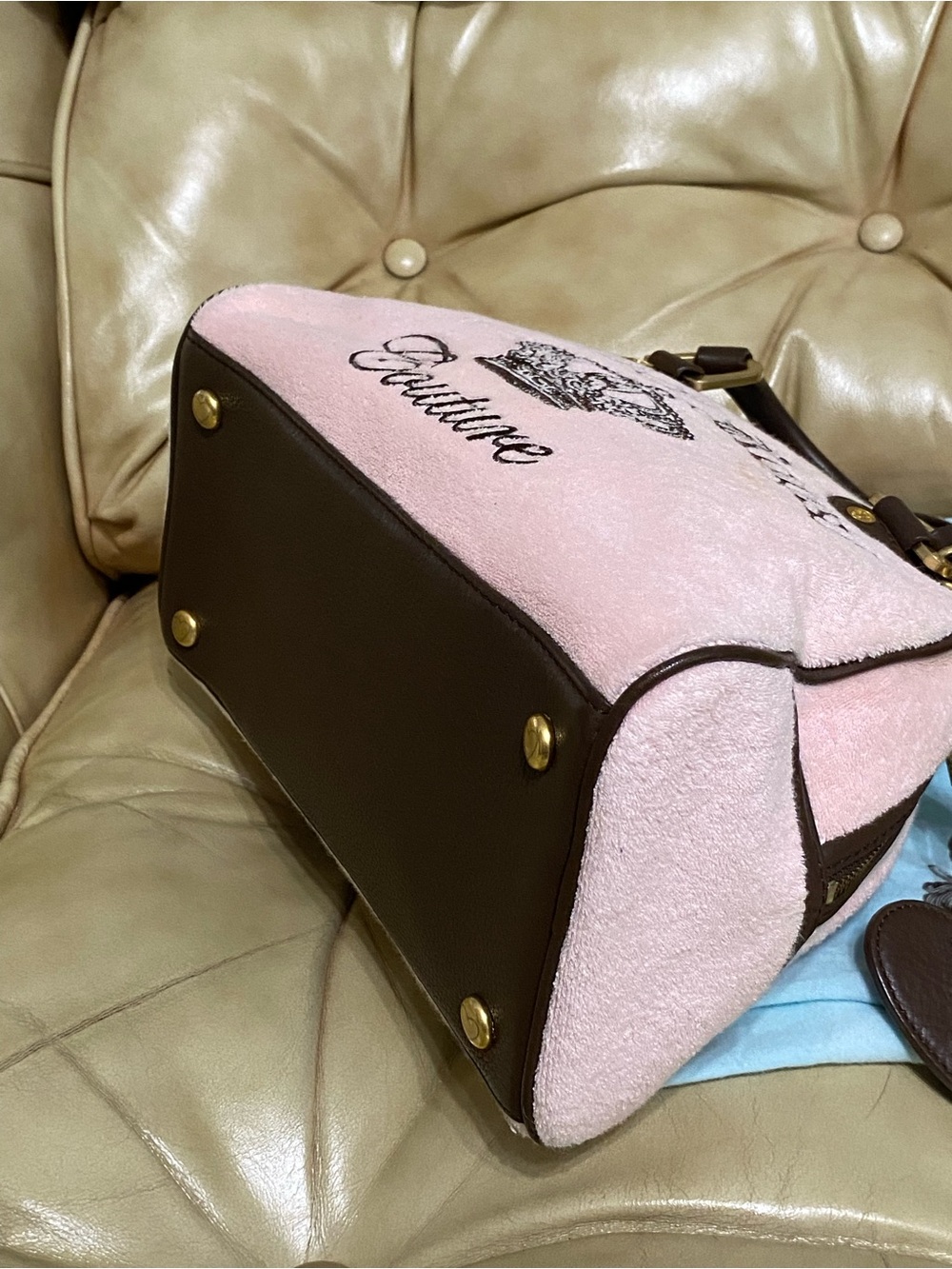 Vintage Juicy Couture Royal Bowler Bag Velour Velvet Baby Pink Crown w/Charms - Picture 6 of 16